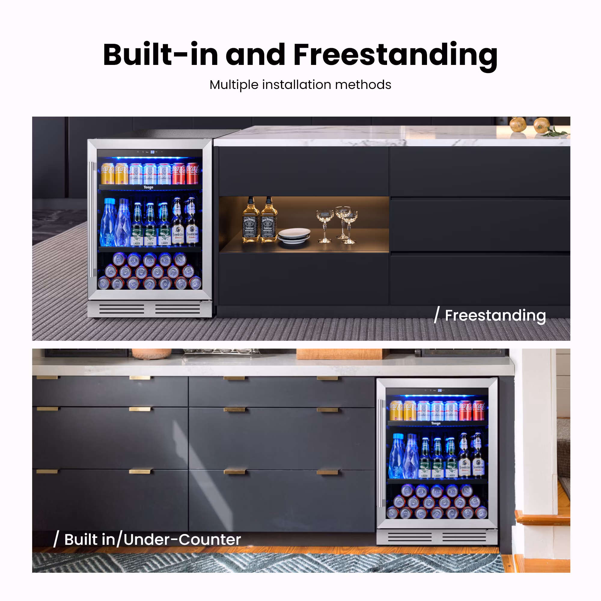Yeego 24 Inch Beverage Refrigerator, 180 Cans Drink Fridge, Built‑in Freestanding Under Counter Beverage Cooler with Glass Door, 34‑54°F for Beer Soda Wine - Image 4
