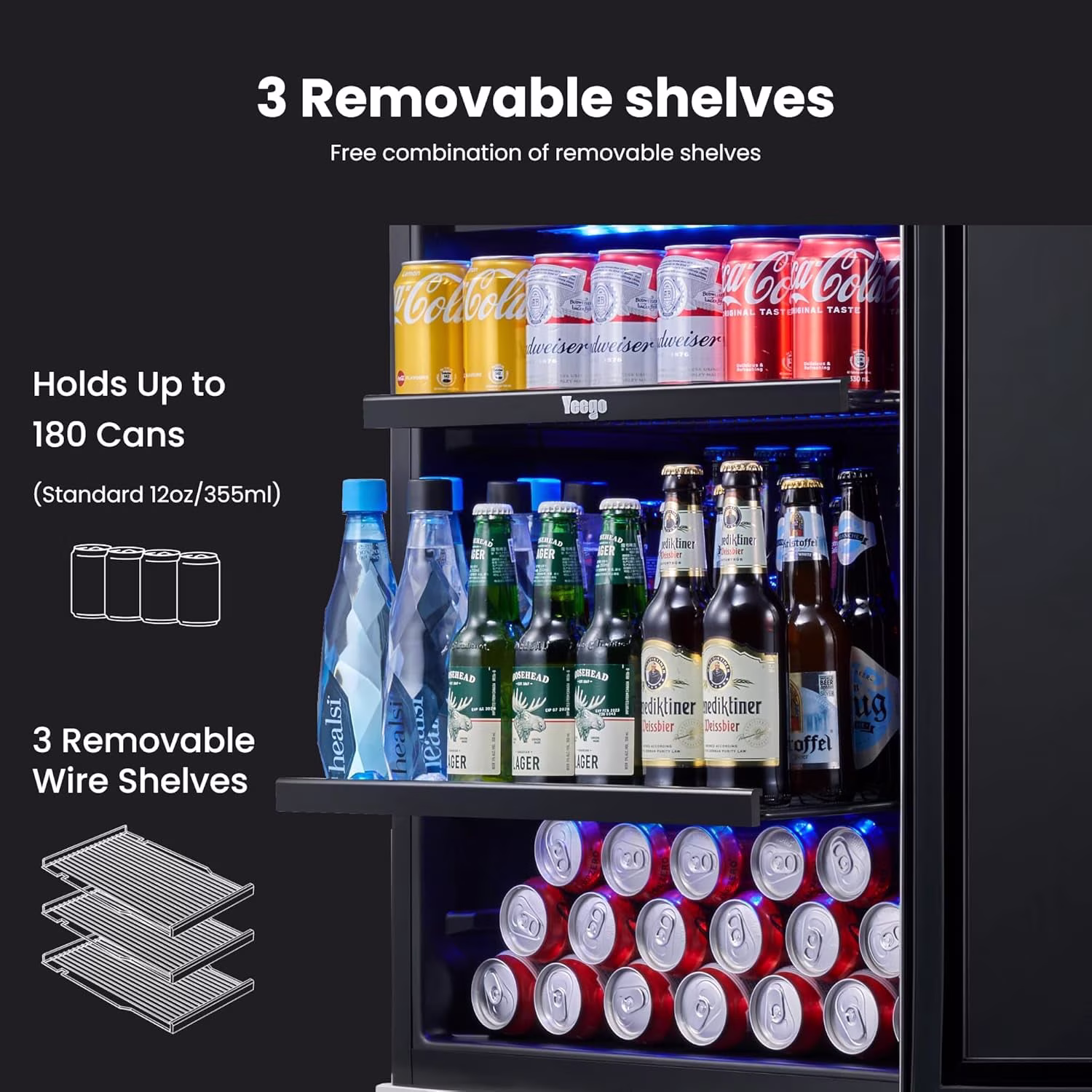 Yeego 24-Inch Beverage Refrigerator, Built-In or Freestanding Beverage fridge, Up to 180 Cans, Glass Door Mini Fridge for Soda, Beer - Image 2