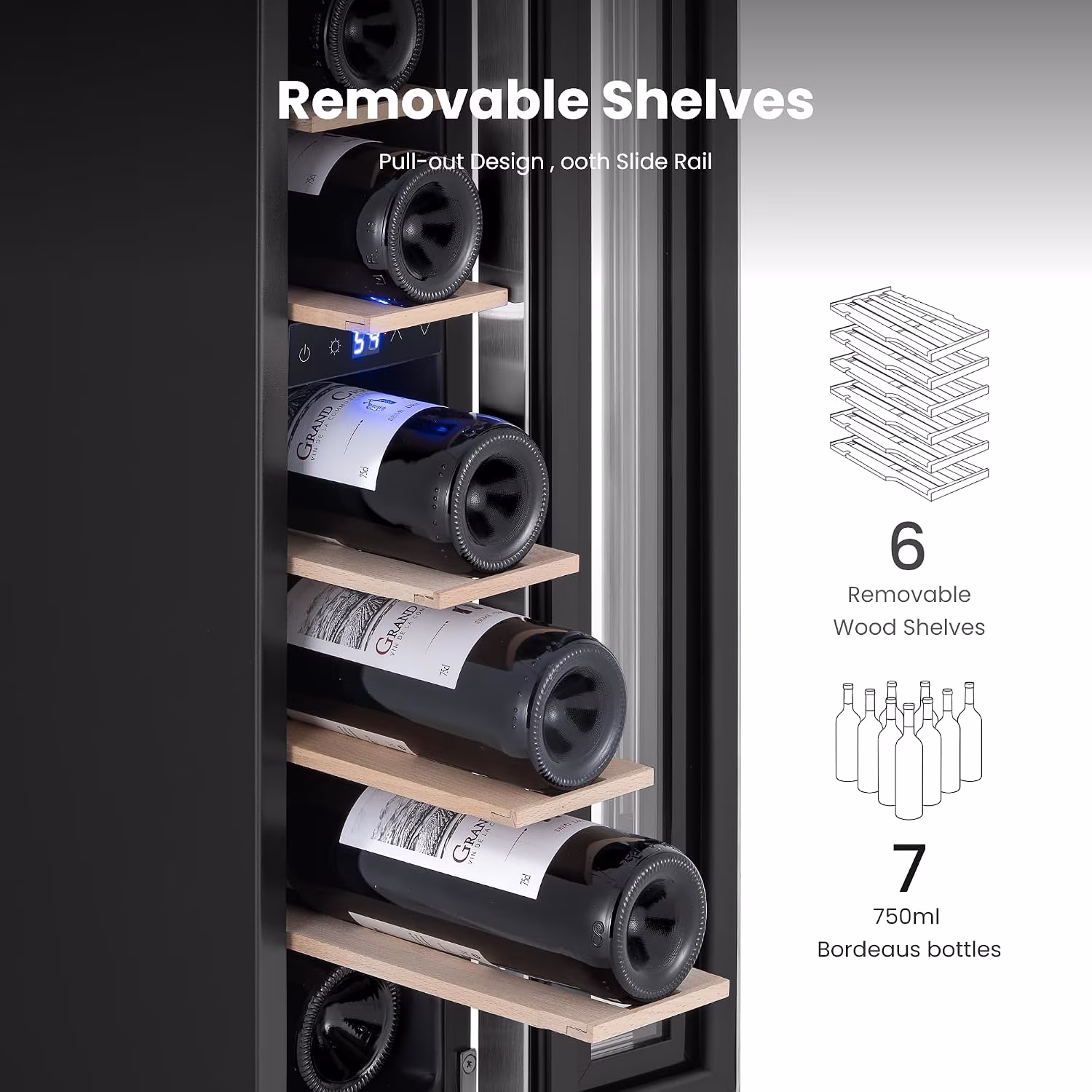 Yeego 6 Inch Wine Fridge, 7 Bottle Built-In & Freestanding Wine Cooler Refrigerator with Glass Door, 40-65°F, Adjustable Shelves for Home Bar Kitchen Office - Image 2