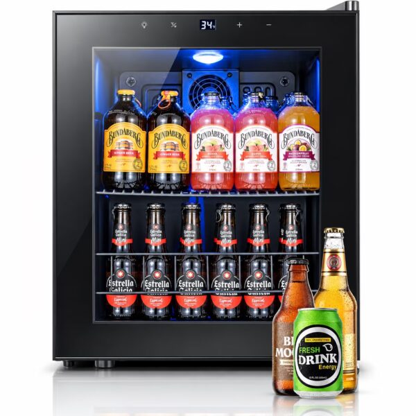 Yeego 65 Can Beverage Cooler Refrigerator, 1.63 cu.ft. Mini Fridge with Double Glass Door and Compressor for Home/Office/Bar,Black