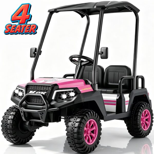 YorRover 4 Seater Kids' Golf Cart, 24V Electric Ride-On, 4×75W Motors, Parental Remote Control, 4WD Spring Suspension, Detachable Awning, Bluetooth & LED Lights, for Kids Ages 3 and up, Pink.