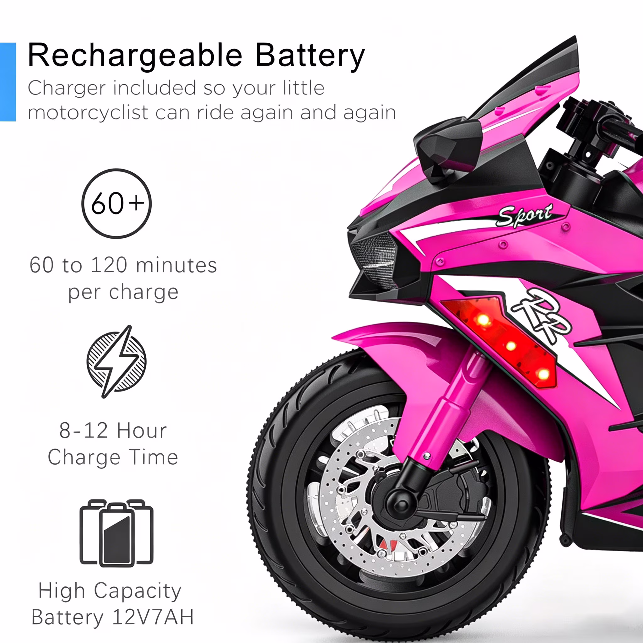 ZOGYMOZ 12V Kids Ride On Motorcycle, Battery Powered Motorcycle Toy, Pink Electric Motorcycle for Girls - Image 5