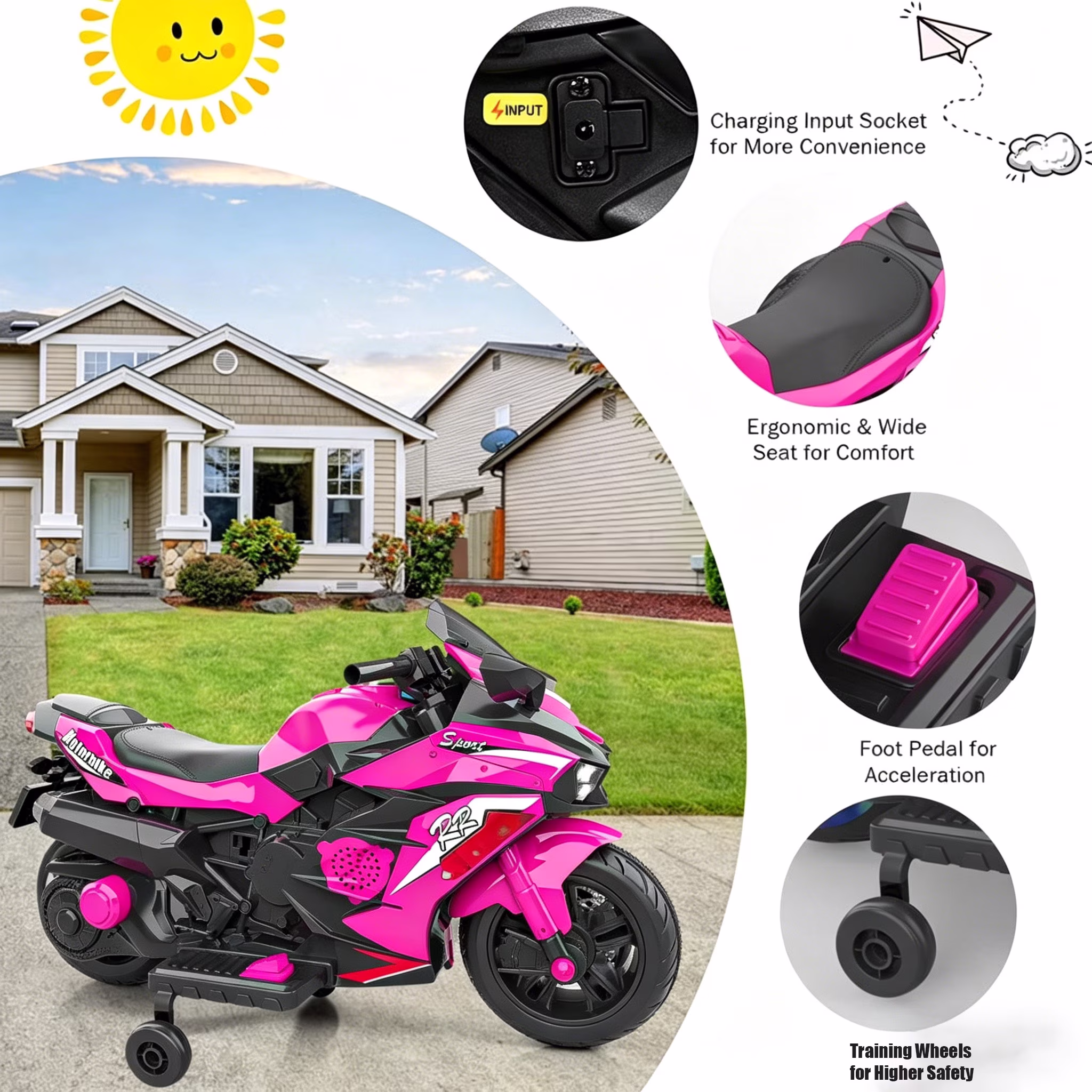 ZOGYMOZ 12V Kids Ride On Motorcycle, Battery Powered Motorcycle Toy, Pink Electric Motorcycle for Girls - Image 4