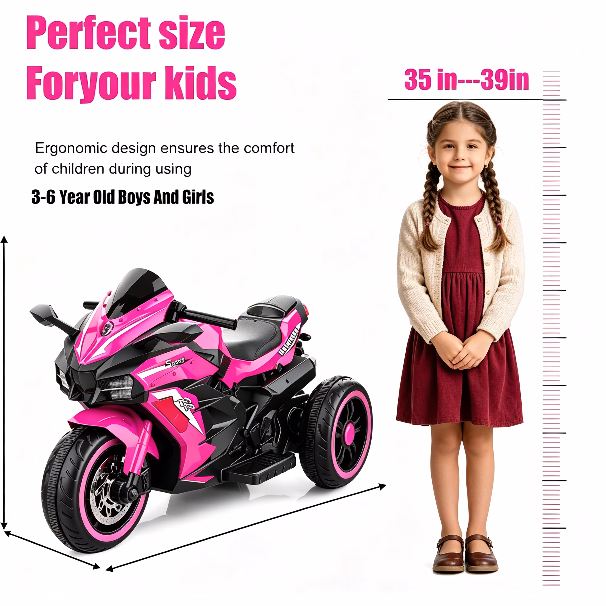 Zogymoz 12V Ride on Motorcycle for Kids, Pink Electric Motorcycle with Remote Control, LED Light, Bluetooth Music - Image 5