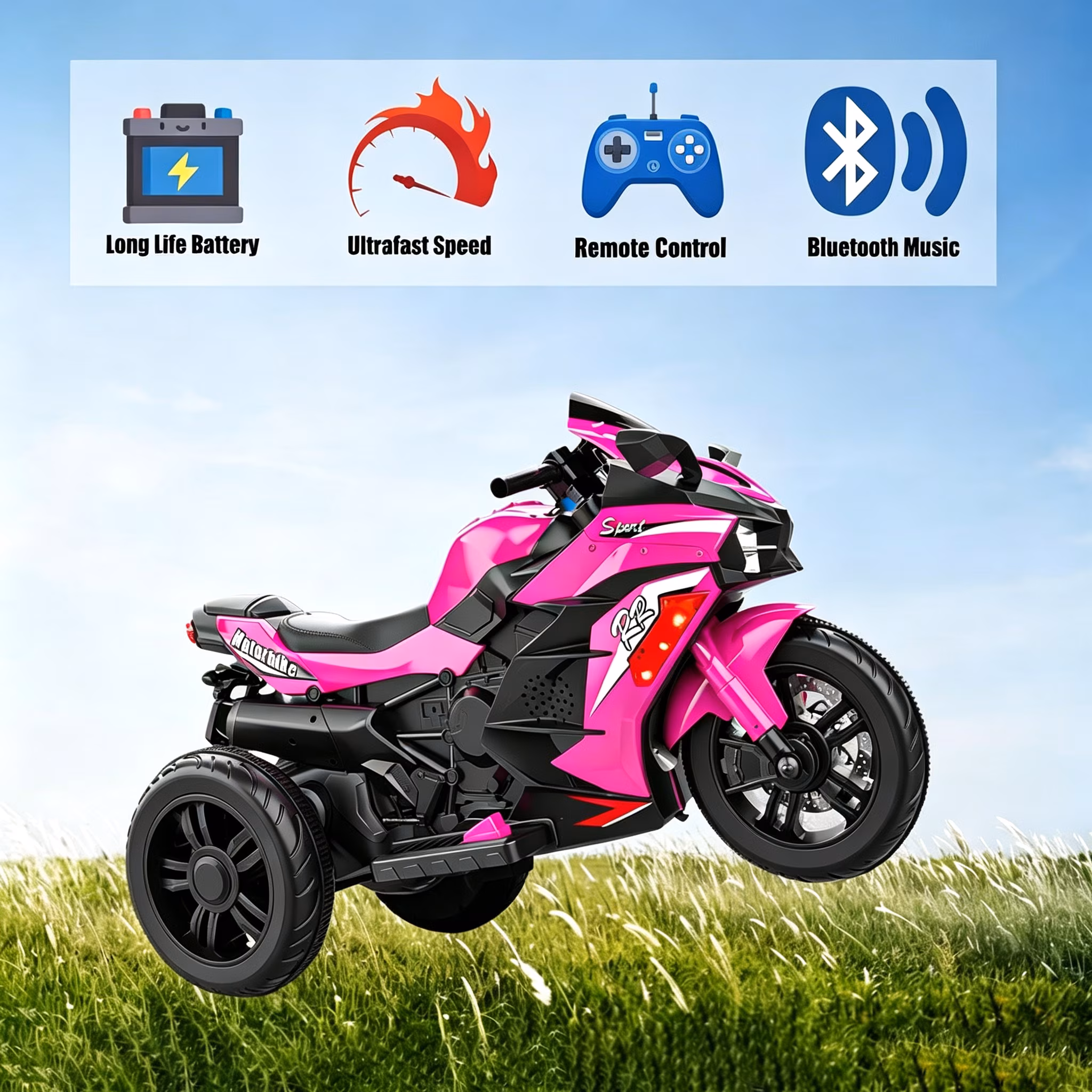 Zogymoz 12V Ride on Motorcycle for Kids, Pink Electric Motorcycle with Remote Control, LED Light, Bluetooth Music - Image 3