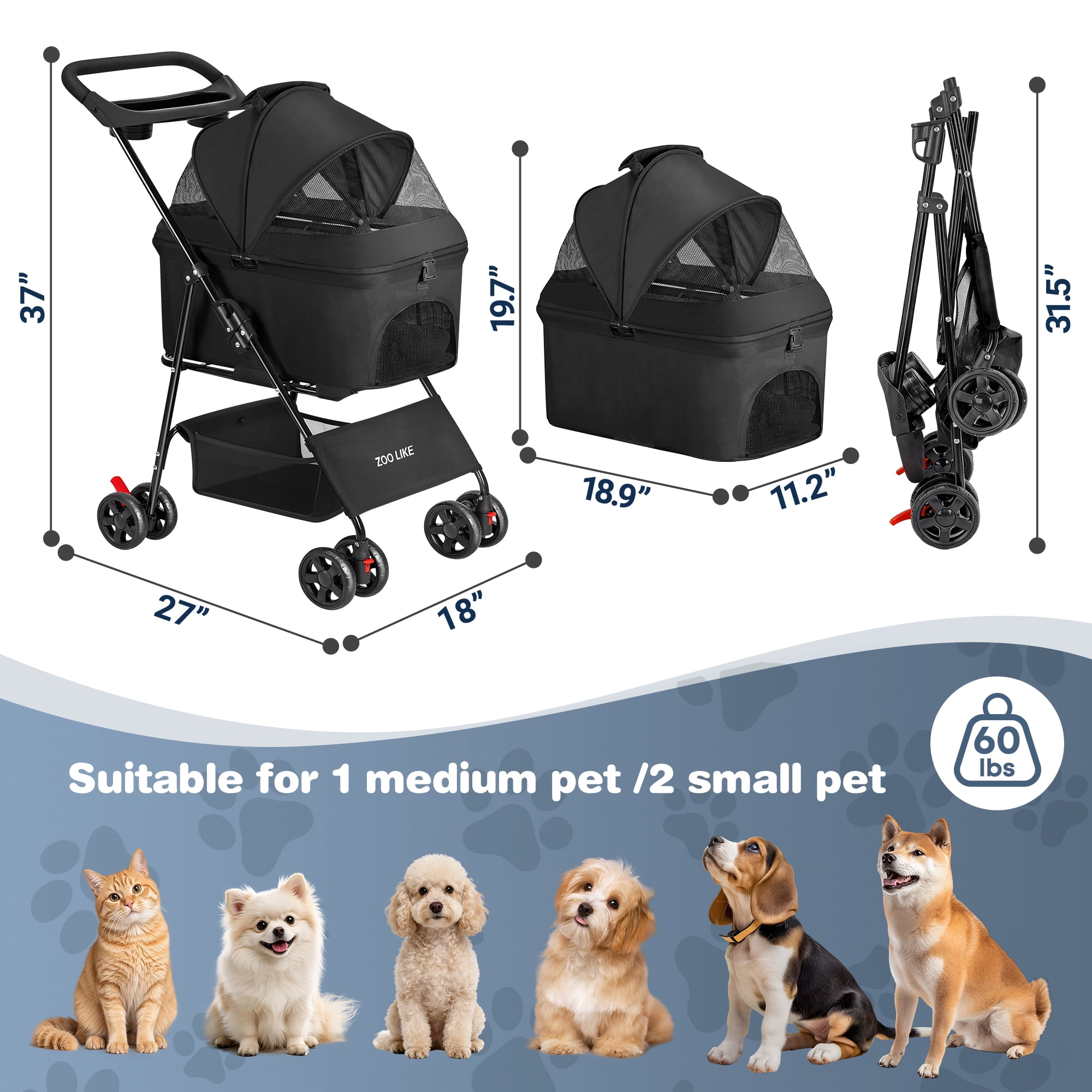Zoolike 3 in 1 Pet Stroller for Dogs and Cats,4 Wheel Foldable Stroller with Detachable Carrier&Storage Basket,Black - Image 5