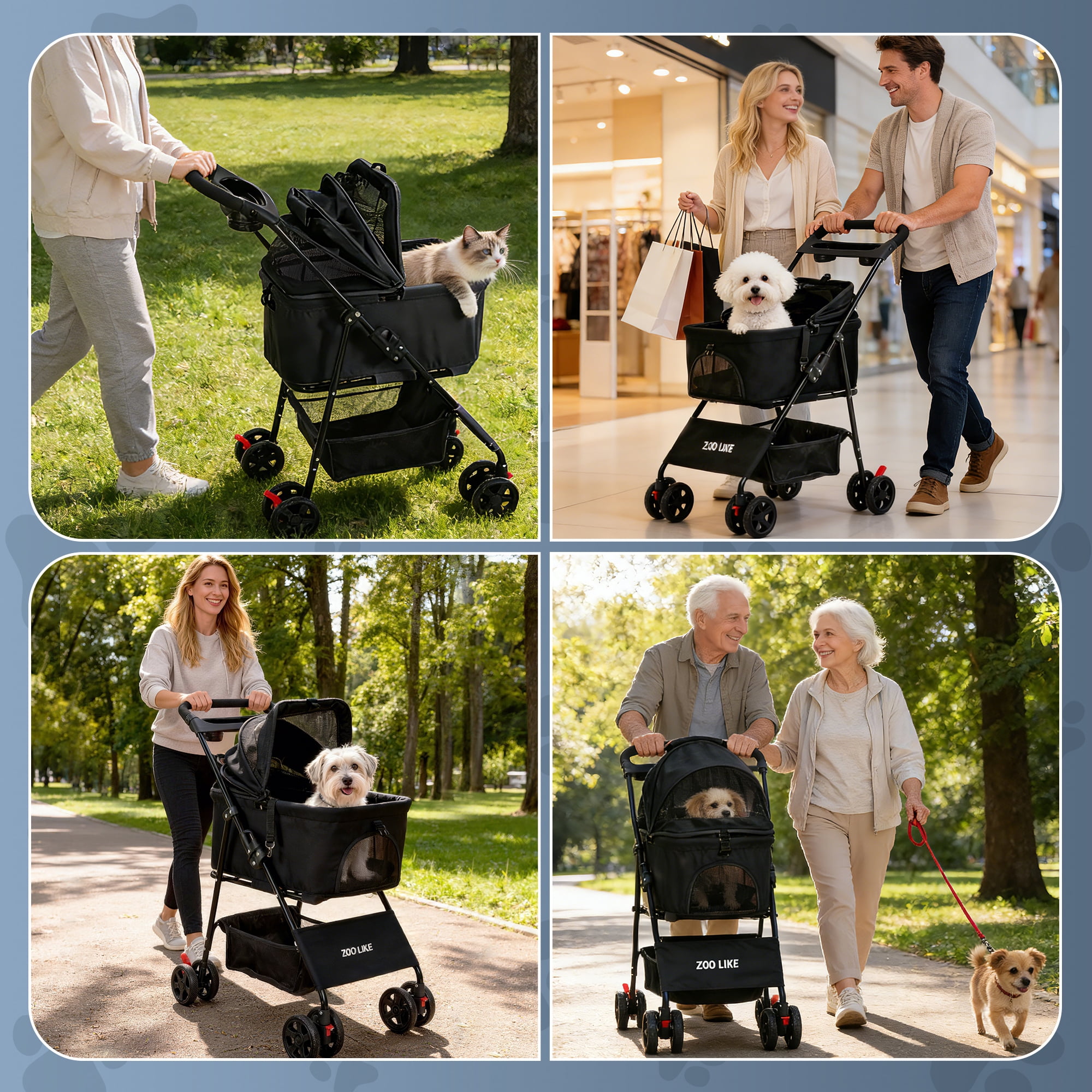 Zoolike 3 in 1 Pet Stroller for Dogs and Cats,4 Wheel Foldable Stroller with Detachable Carrier&Storage Basket,Black - Image 4