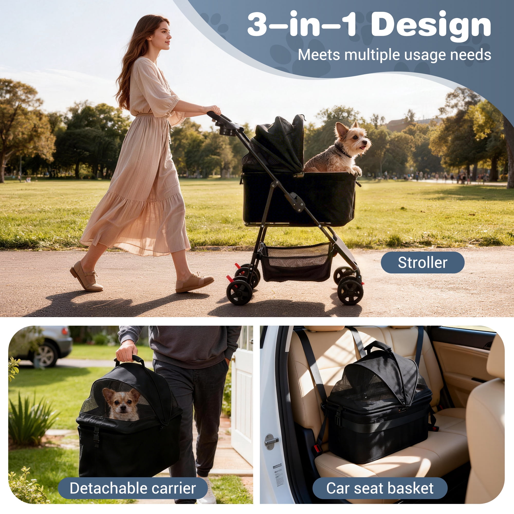 Zoolike 3 in 1 Pet Stroller for Dogs and Cats,4 Wheel Foldable Stroller with Detachable Carrier&Storage Basket,Black - Image 2