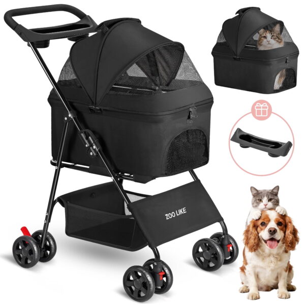 Zoolike 3 in 1 Pet Stroller for Dogs and Cats,4 Wheel Foldable Stroller with Detachable Carrier&Storage Basket,Black