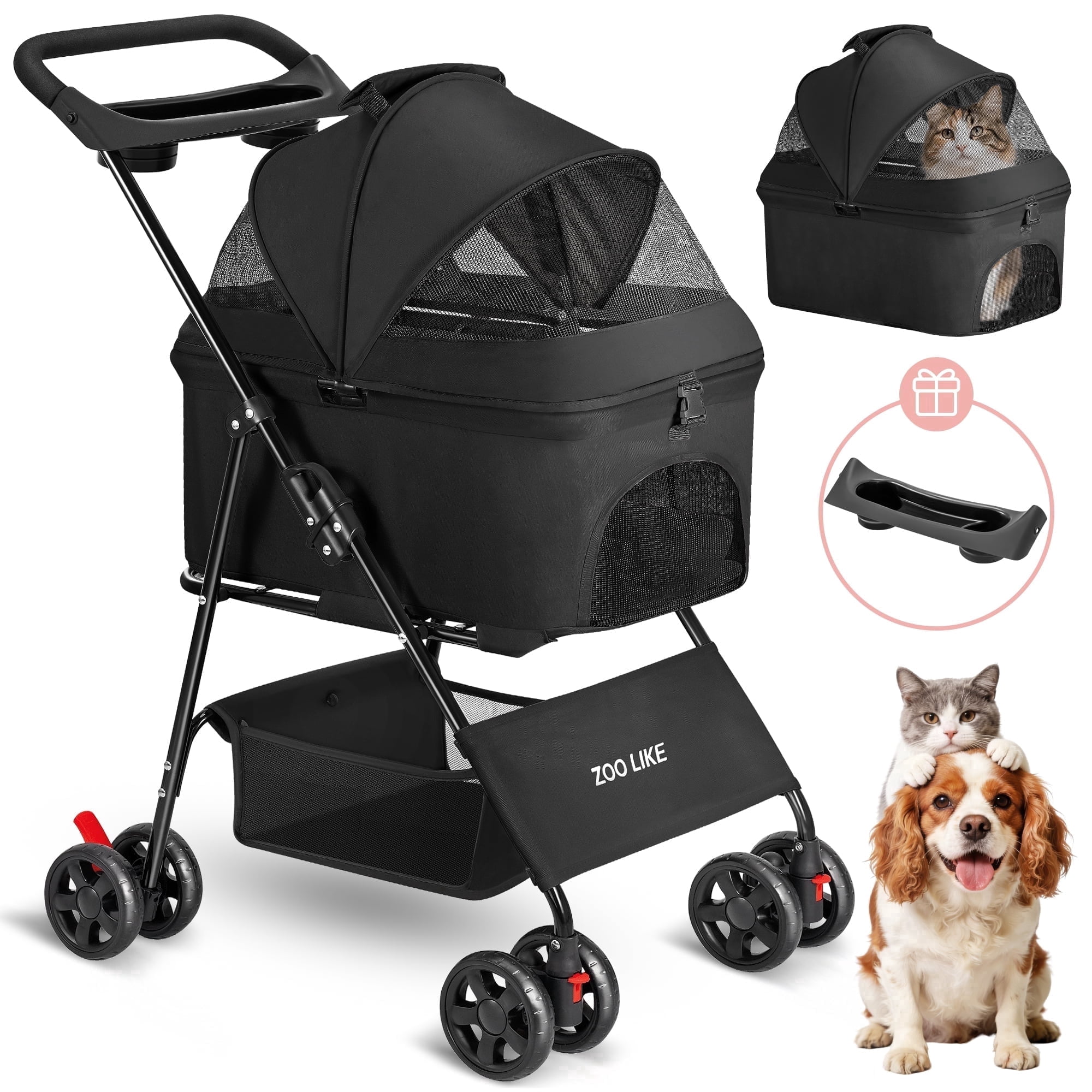 Zoolike 3 in 1 Pet Stroller for Dogs and Cats,4 Wheel Foldable Stroller with Detachable Carrier&Storage Basket,Black