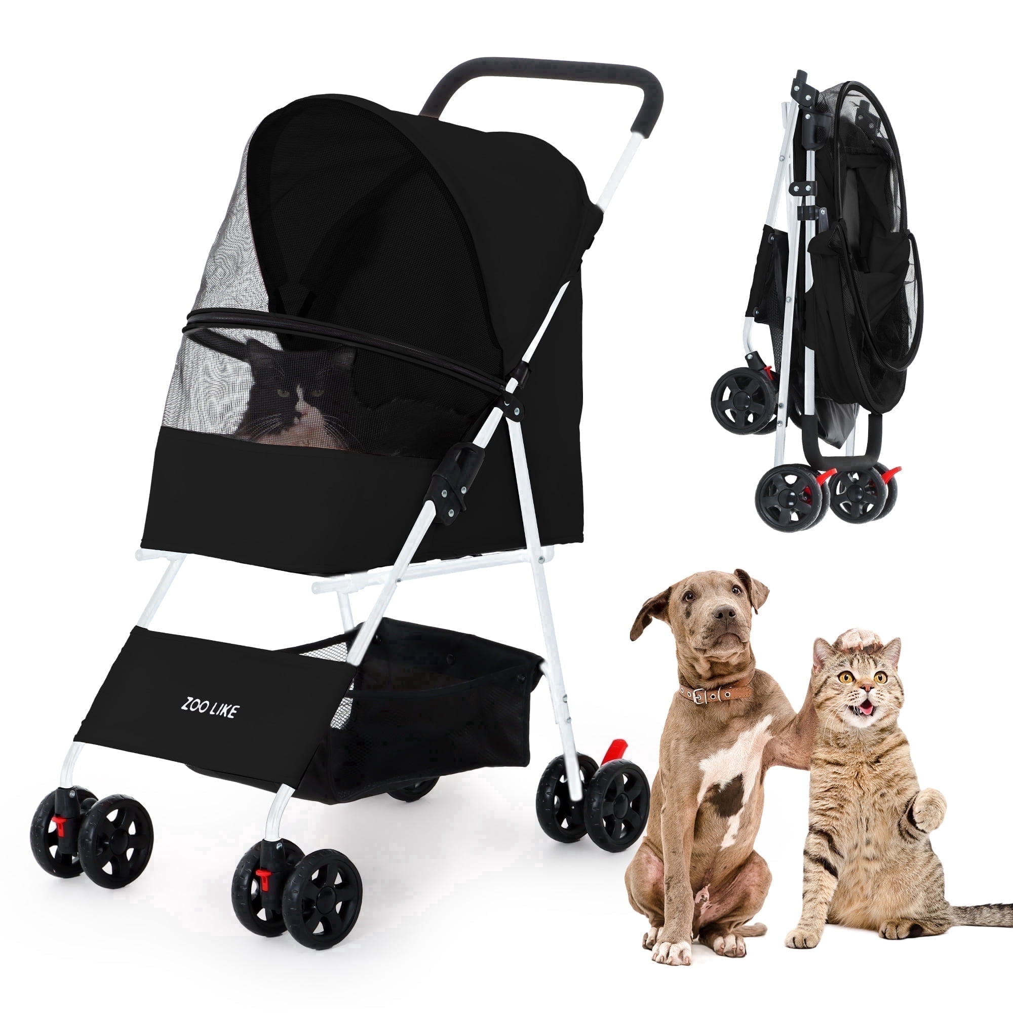 ZOOLIKE 4-Wheeled Pet Stroller for Cats & Dogs, Foldable Travel Carrier with 360-Degree Swivel, Black