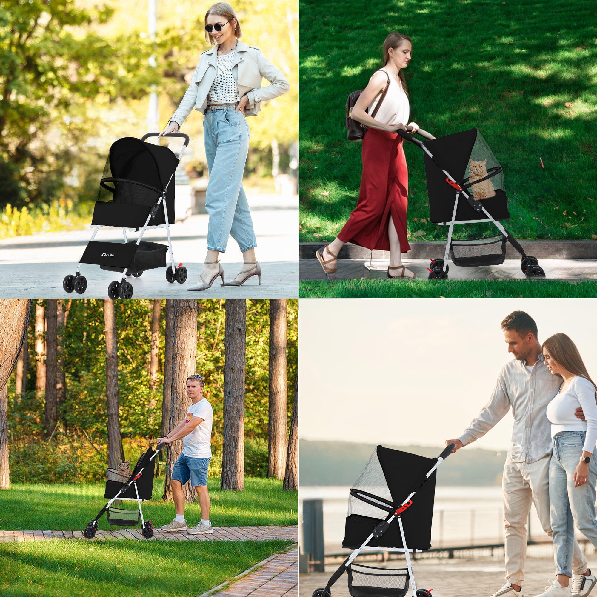 ZOOLIKE 4-Wheeled Pet Stroller for Cats & Dogs, Foldable Travel Carrier with 360-Degree Swivel, Black - Image 4