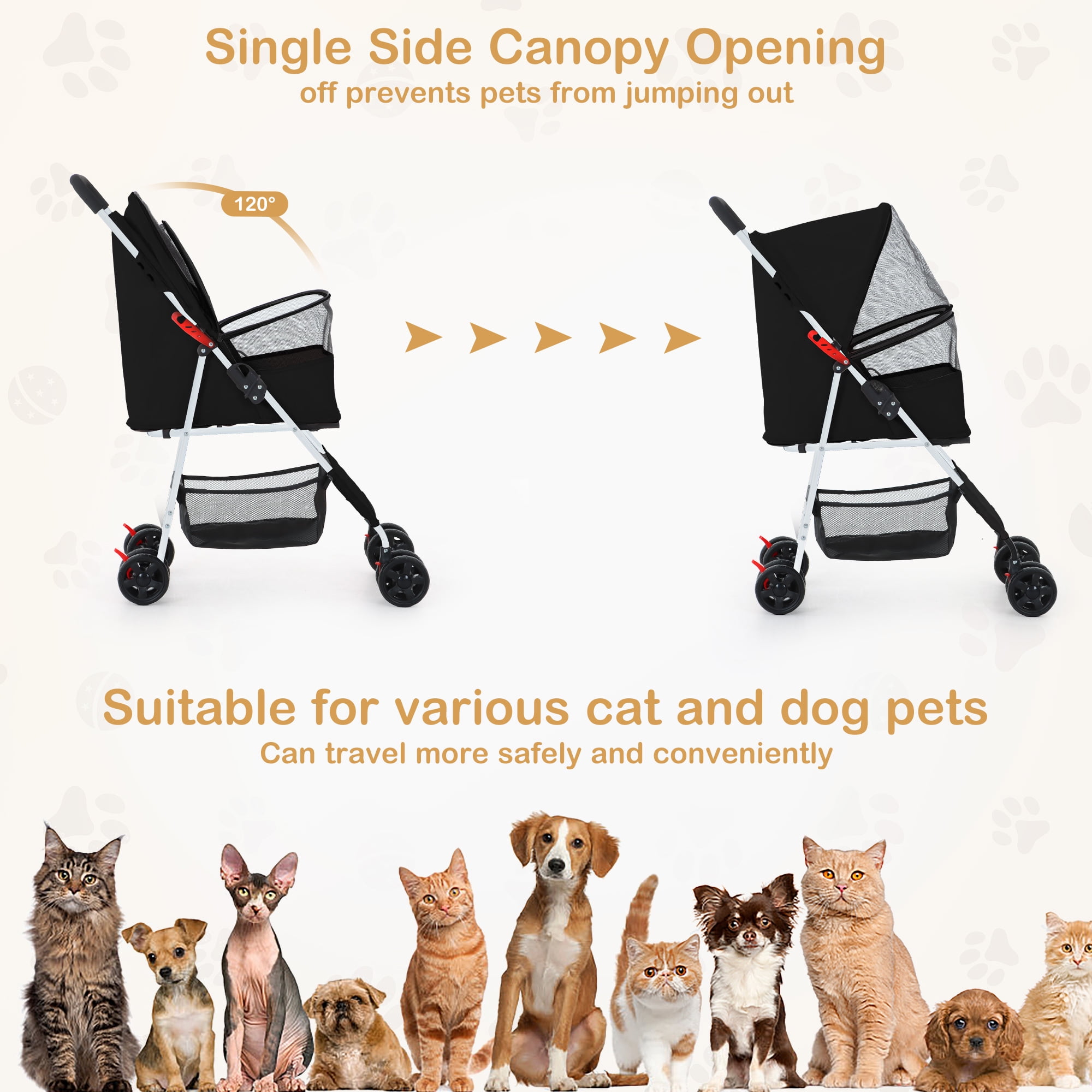 ZOOLIKE 4-Wheeled Pet Stroller for Cats & Dogs, Foldable Travel Carrier with 360-Degree Swivel, Black - Image 2