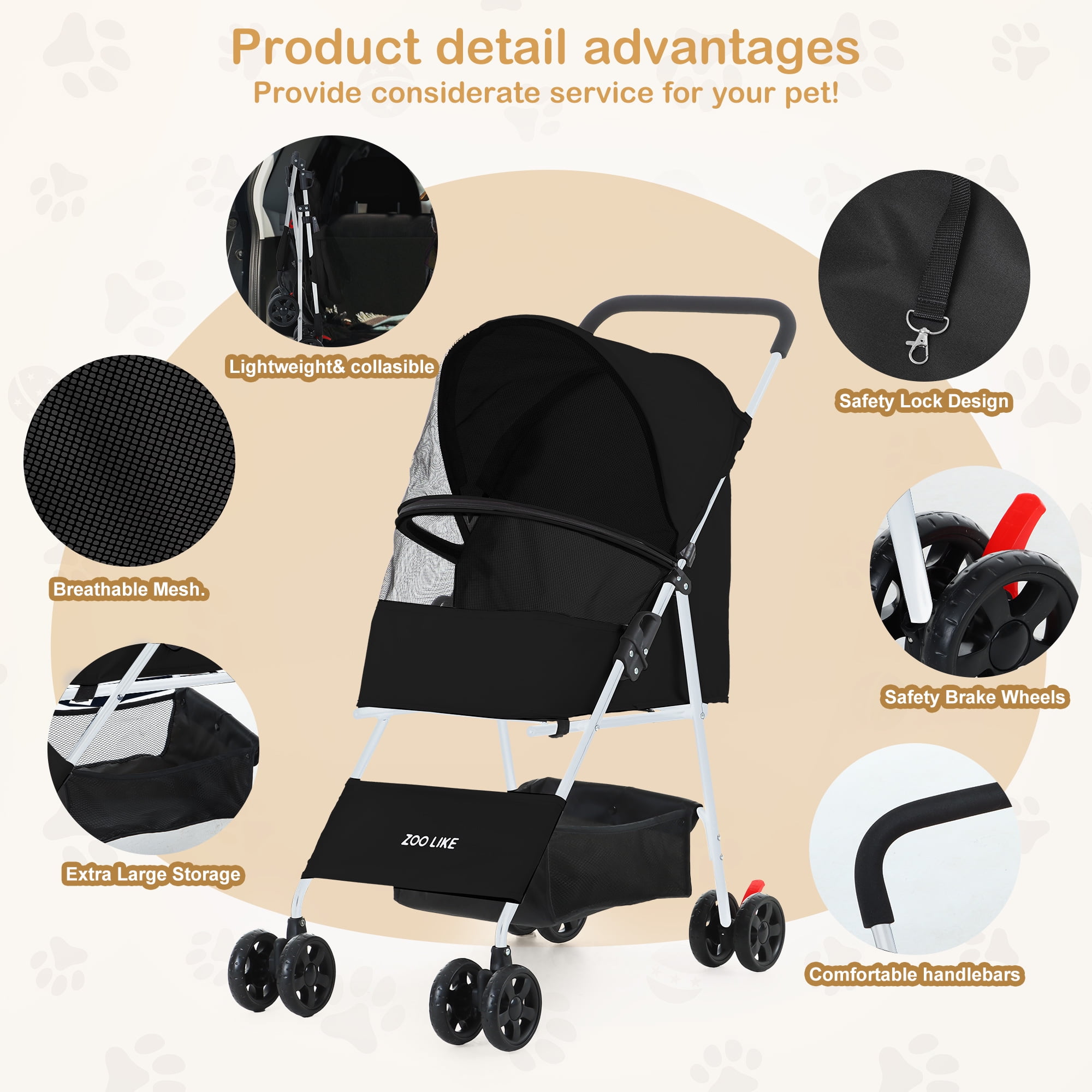 ZOOLIKE 4-Wheeled Pet Stroller for Cats & Dogs, Foldable Travel Carrier with 360-Degree Swivel, Black - Image 5