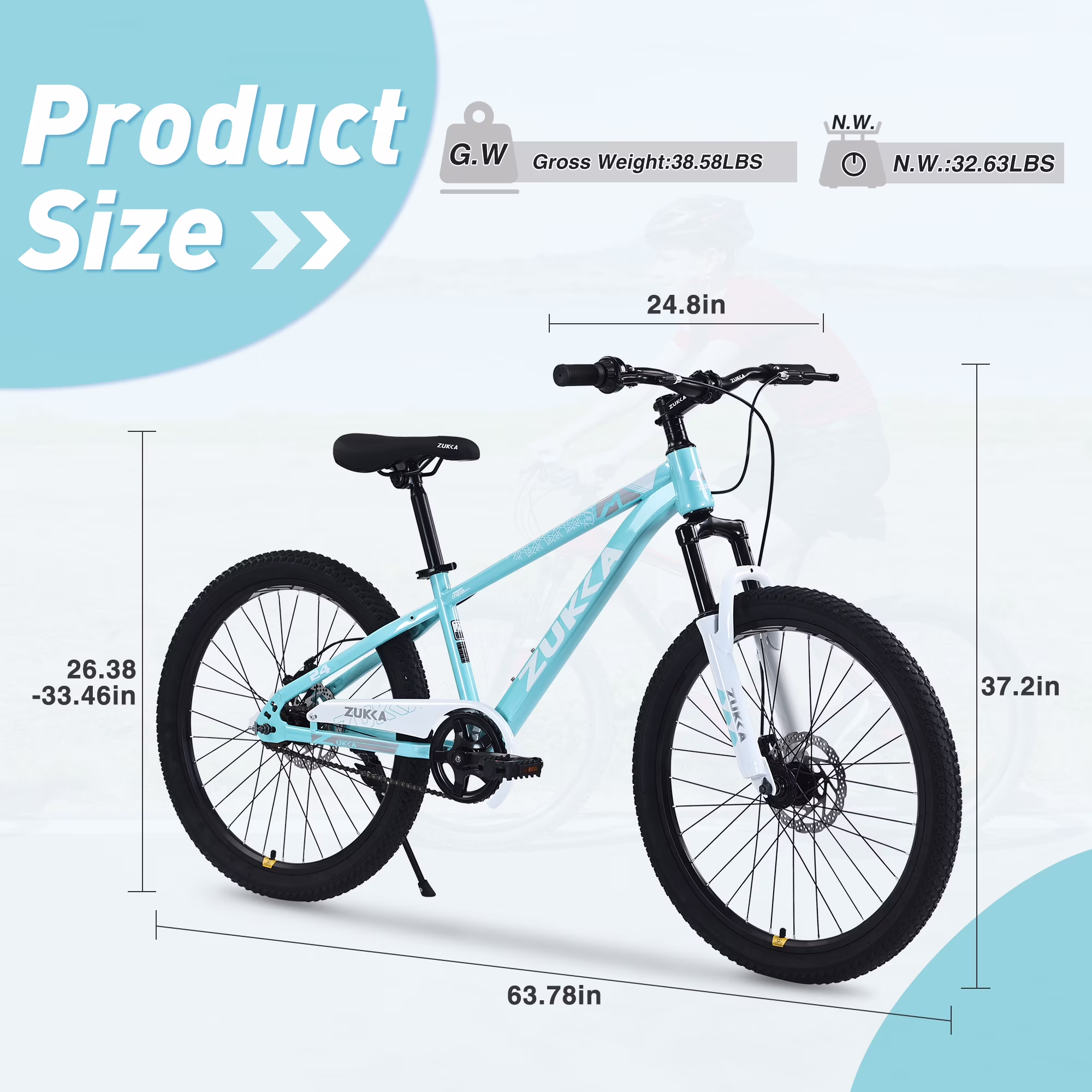 24" Mountain Bike for Boys and Girls,Multiple Colors Kids’ Bicycle,Age 9-12 Years,Cyan - Image 3